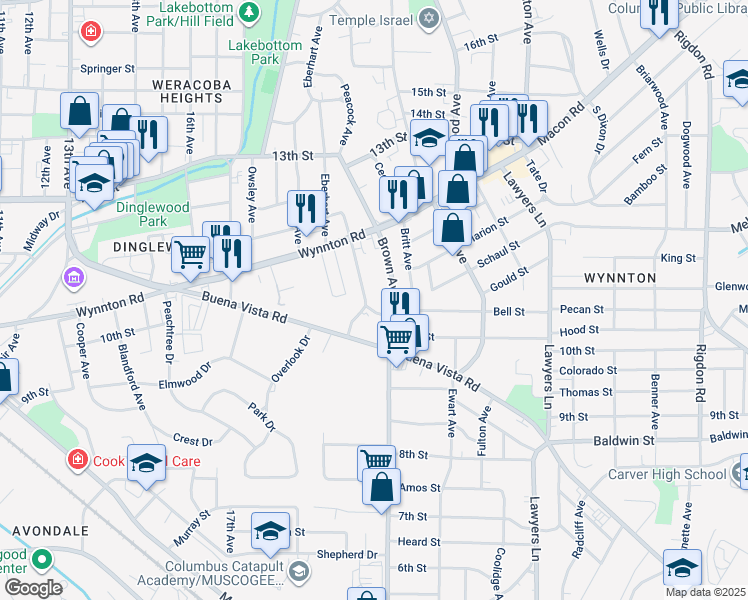map of restaurants, bars, coffee shops, grocery stores, and more near 1100 Lockwood Avenue in Columbus
