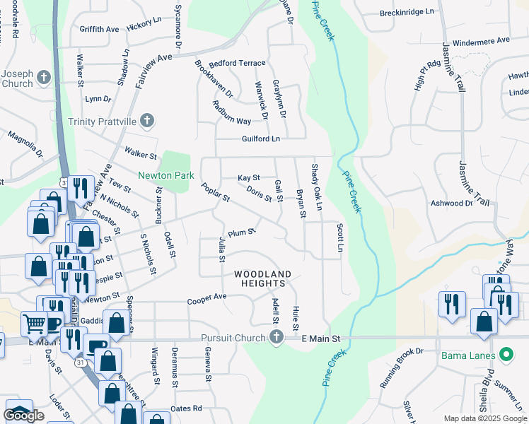 map of restaurants, bars, coffee shops, grocery stores, and more near 215 Poplar Street in Prattville