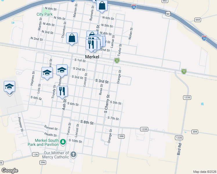 map of restaurants, bars, coffee shops, grocery stores, and more near 301 Rose Street in Merkel