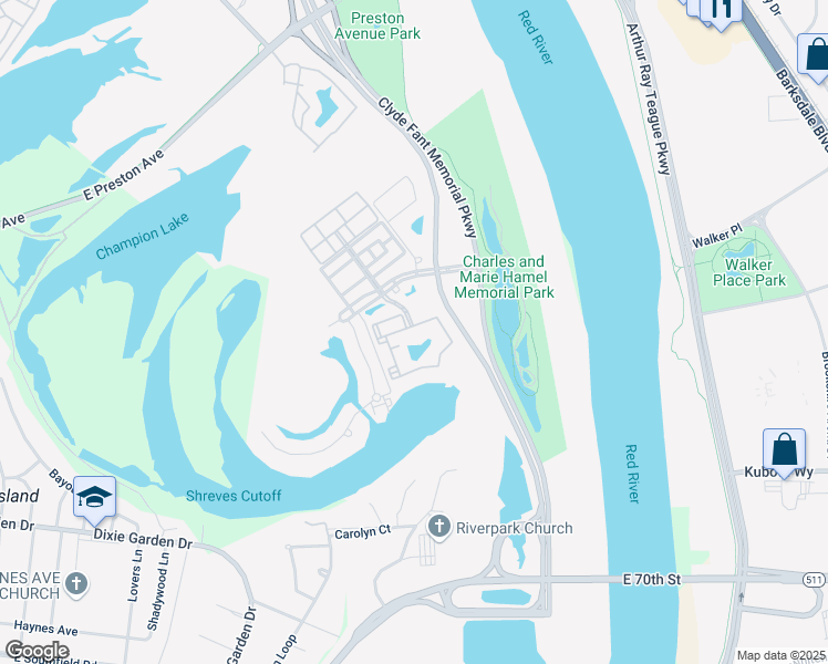 map of restaurants, bars, coffee shops, grocery stores, and more near 1105 Island Park Boulevard in Shreveport
