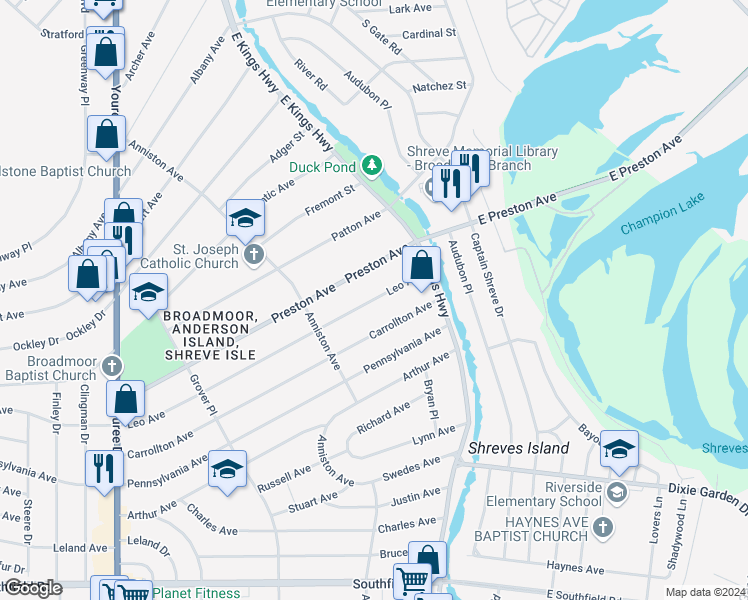map of restaurants, bars, coffee shops, grocery stores, and more near 122 Leo Avenue in Shreveport