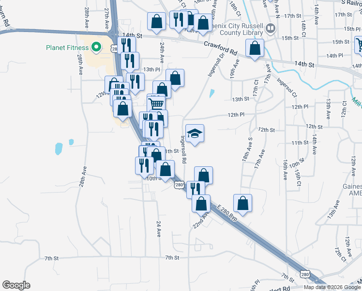 map of restaurants, bars, coffee shops, grocery stores, and more near 1113 The Lane in Phenix City