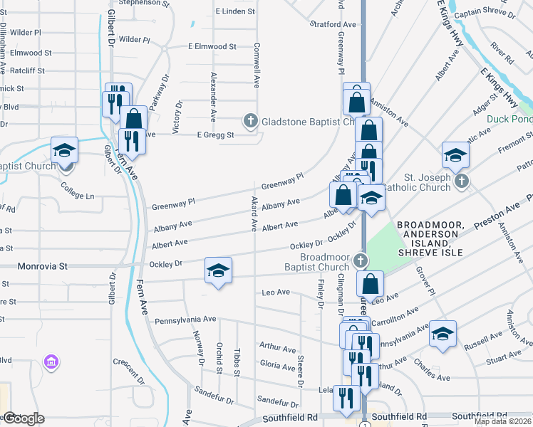 map of restaurants, bars, coffee shops, grocery stores, and more near 378 Albany Avenue in Shreveport