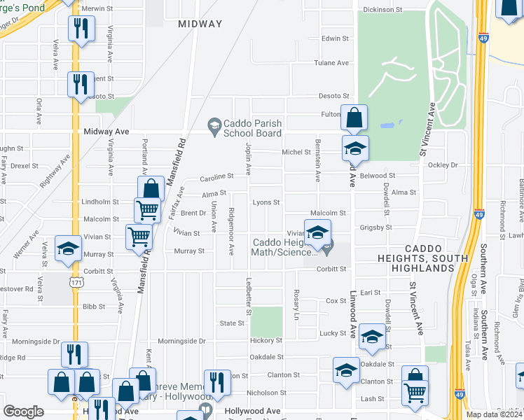map of restaurants, bars, coffee shops, grocery stores, and more near 4012 Belmont Street in Shreveport