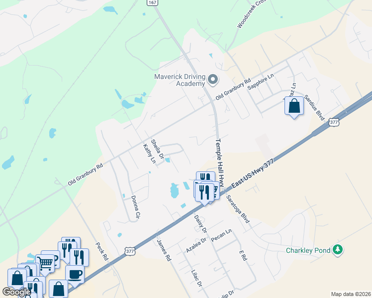 map of restaurants, bars, coffee shops, grocery stores, and more near 4418 Bobbie Ann Drive in Granbury