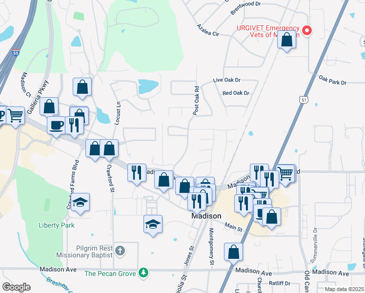 map of restaurants, bars, coffee shops, grocery stores, and more near 381 Post Oak Road in Madison