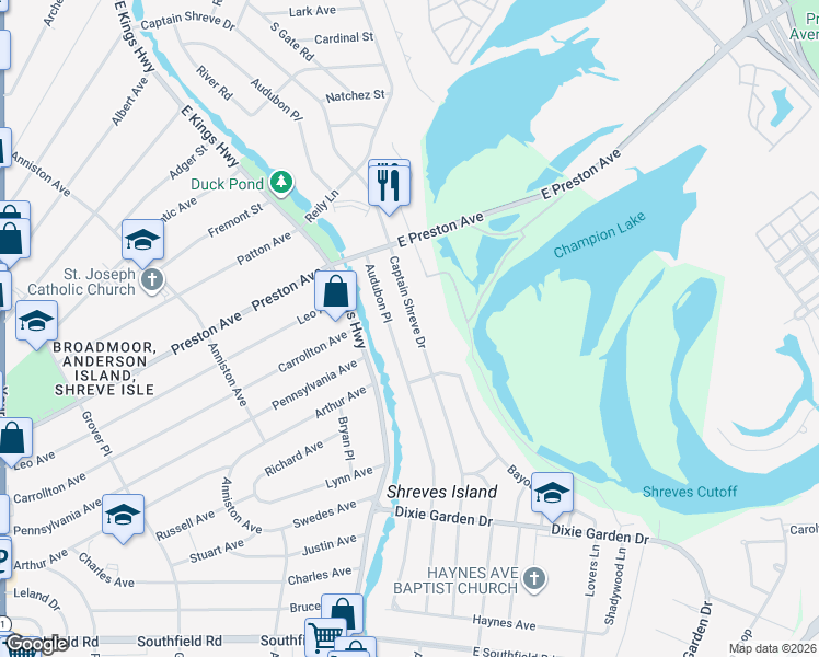 map of restaurants, bars, coffee shops, grocery stores, and more near 1510 Captain Shreve Drive in Shreveport