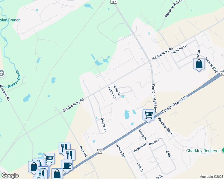 map of restaurants, bars, coffee shops, grocery stores, and more near 317 Kathy Lane in Granbury