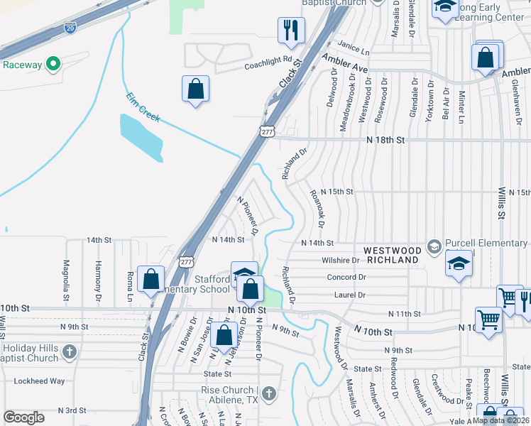 map of restaurants, bars, coffee shops, grocery stores, and more near 1534 Wishbone Drive in Abilene