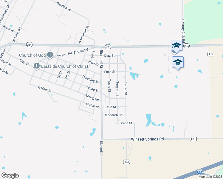 map of restaurants, bars, coffee shops, grocery stores, and more near 401 Travis Street in Ranger