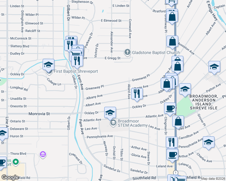 map of restaurants, bars, coffee shops, grocery stores, and more near 3827 Greenway Place in Shreveport