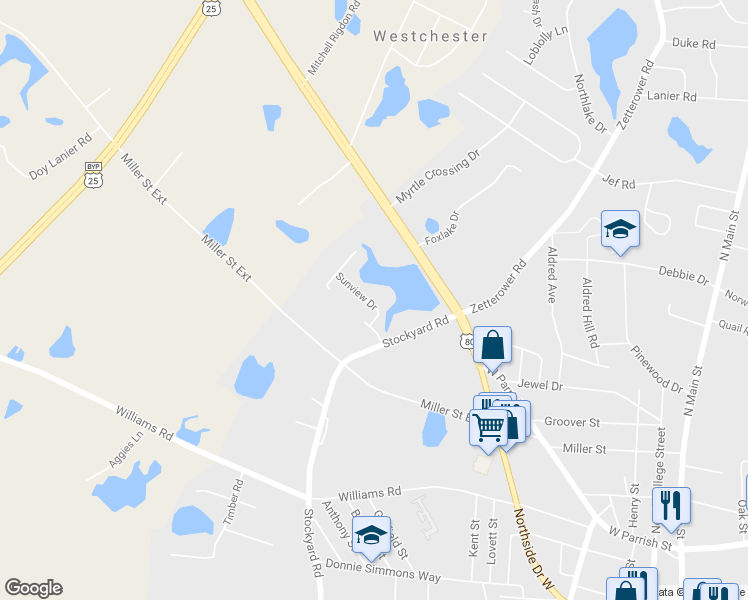 map of restaurants, bars, coffee shops, grocery stores, and more near 208 Sunview Drive in Statesboro