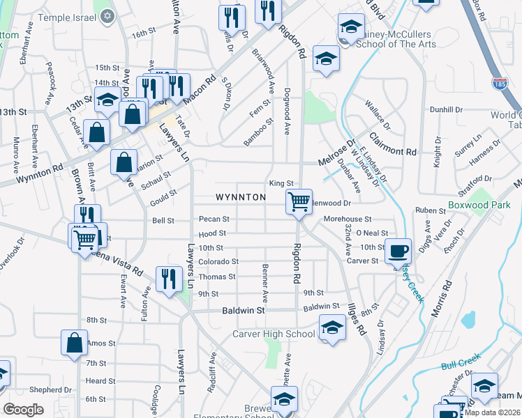 map of restaurants, bars, coffee shops, grocery stores, and more near 2836 East Wynnton Lane in Columbus