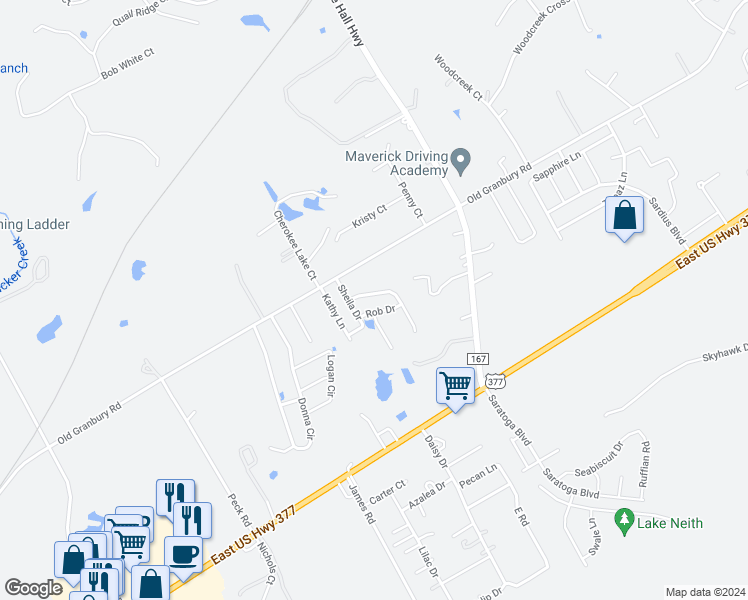 map of restaurants, bars, coffee shops, grocery stores, and more near 4407 Bobbie Ann Drive in Granbury