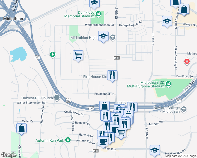 map of restaurants, bars, coffee shops, grocery stores, and more near 301 Lena Lane in Midlothian