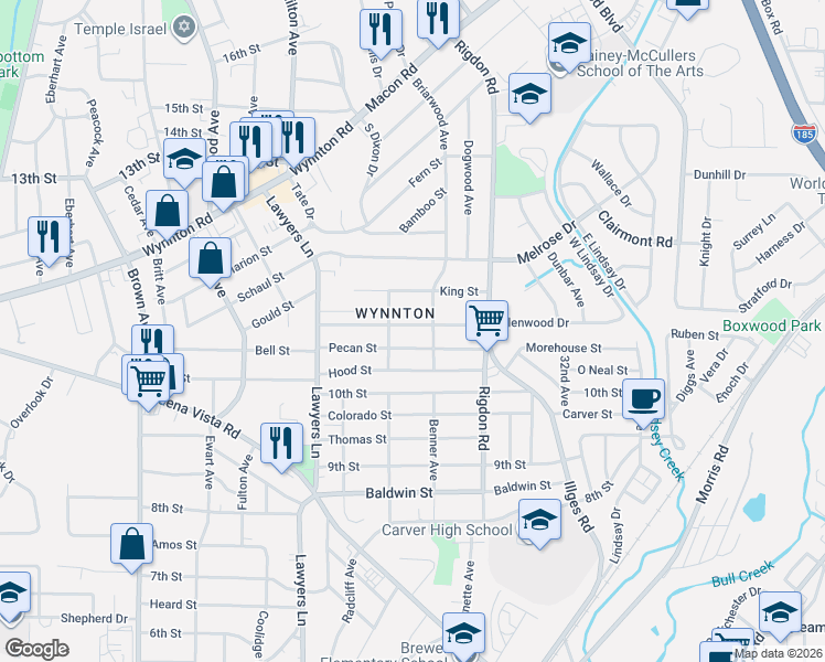 map of restaurants, bars, coffee shops, grocery stores, and more near 2837 East Wynnton Lane in Columbus