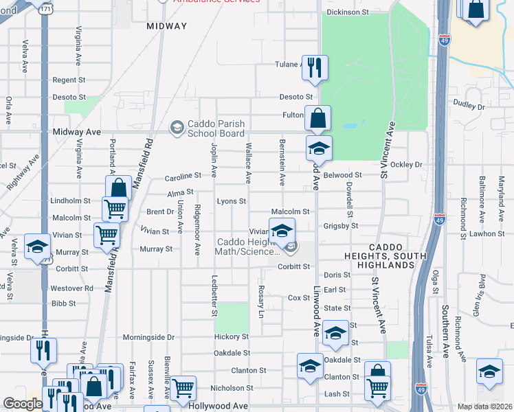map of restaurants, bars, coffee shops, grocery stores, and more near 1739 Alma Street in Shreveport