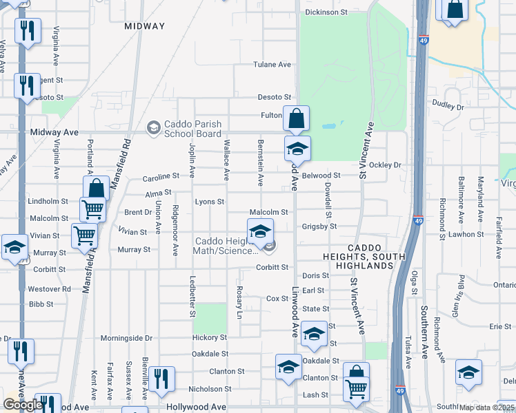 map of restaurants, bars, coffee shops, grocery stores, and more near 1657 Alma Street in Shreveport