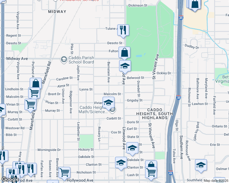 map of restaurants, bars, coffee shops, grocery stores, and more near 1657 Alma Street in Shreveport