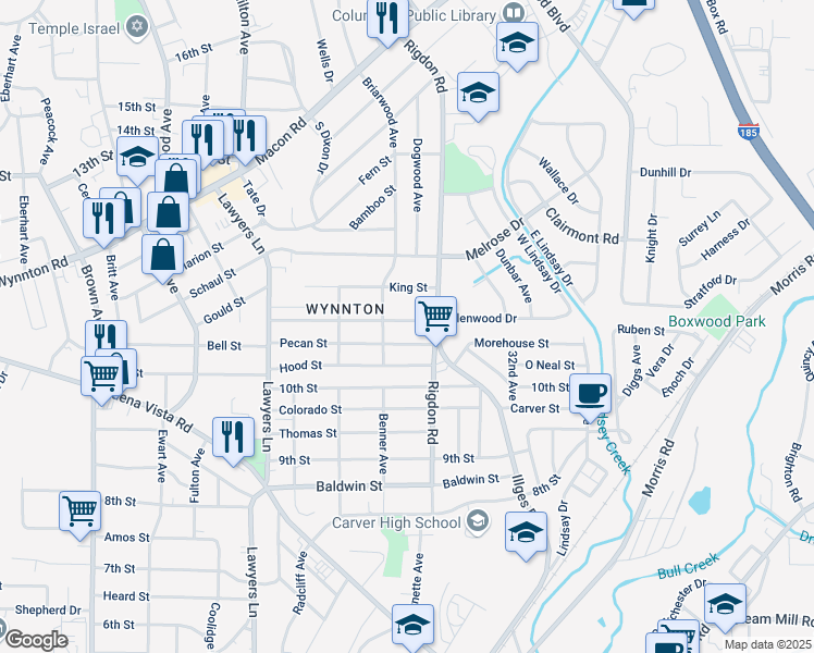 map of restaurants, bars, coffee shops, grocery stores, and more near 2920 East Wynnton Lane in Columbus