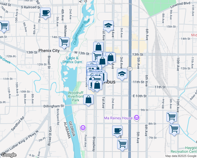 map of restaurants, bars, coffee shops, grocery stores, and more near 1120 Broadway in Columbus