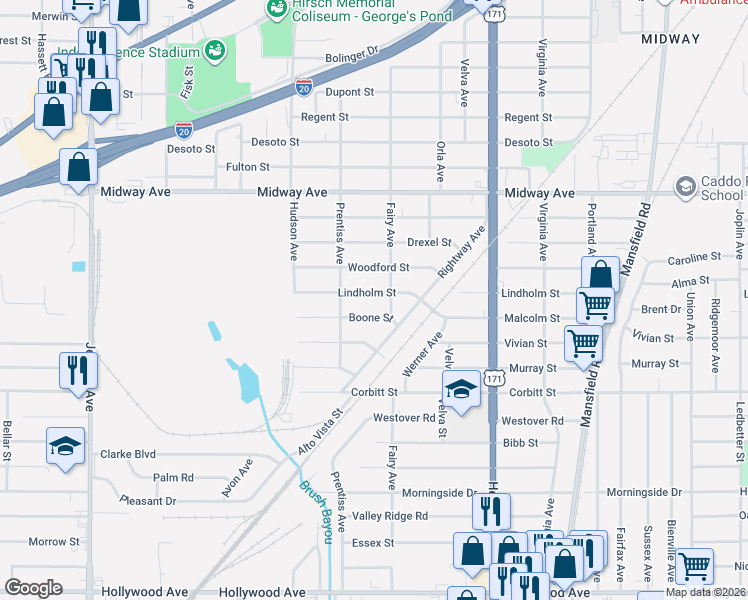 map of restaurants, bars, coffee shops, grocery stores, and more near 3002 Lindholm Street in Shreveport