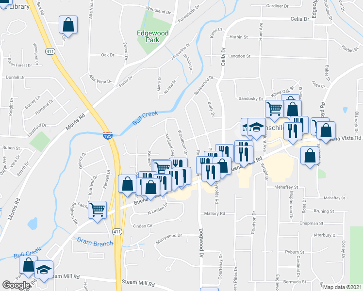 map of restaurants, bars, coffee shops, grocery stores, and more near 1015 Woodburn Drive in Columbus