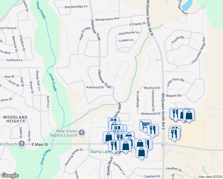map of restaurants, bars, coffee shops, grocery stores, and more near 501 Jasmine Trail in Prattville
