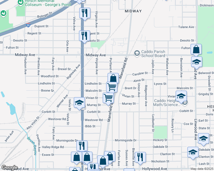 map of restaurants, bars, coffee shops, grocery stores, and more near 2517 Lindholm Street in Shreveport