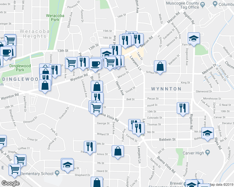 map of restaurants, bars, coffee shops, grocery stores, and more near 1115 Henry Avenue in Columbus