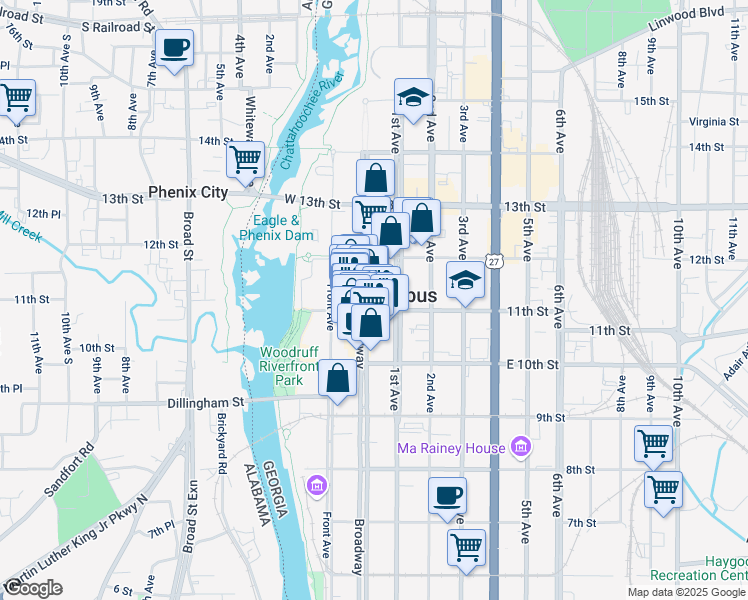 map of restaurants, bars, coffee shops, grocery stores, and more near 1120 Broadway in Columbus