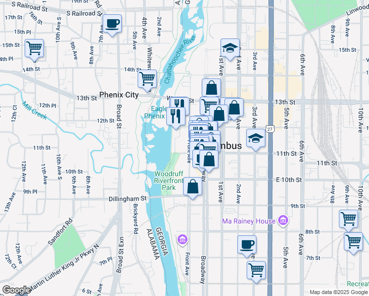 map of restaurants, bars, coffee shops, grocery stores, and more near 17 12th Street in Columbus