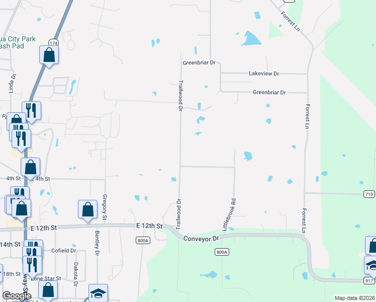 map of restaurants, bars, coffee shops, grocery stores, and more near 144 Trailwood Drive in Joshua