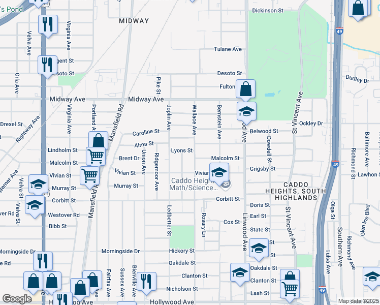 map of restaurants, bars, coffee shops, grocery stores, and more near 4002 Wallace Avenue in Shreveport