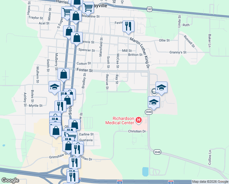 map of restaurants, bars, coffee shops, grocery stores, and more near 212 Ray Street in Rayville