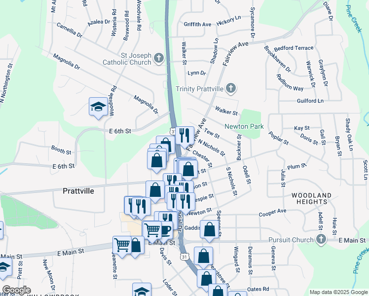 map of restaurants, bars, coffee shops, grocery stores, and more near 166 North Memorial Drive in Prattville