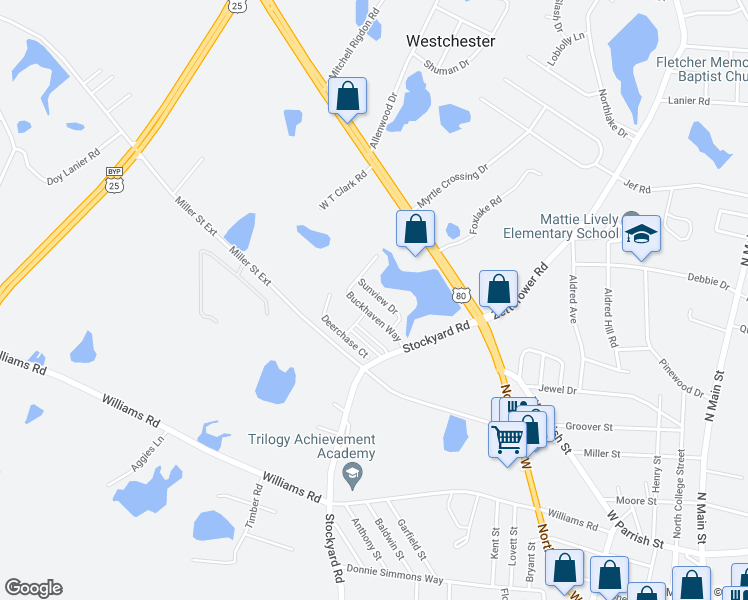 map of restaurants, bars, coffee shops, grocery stores, and more near 225 Sunview Drive in Statesboro