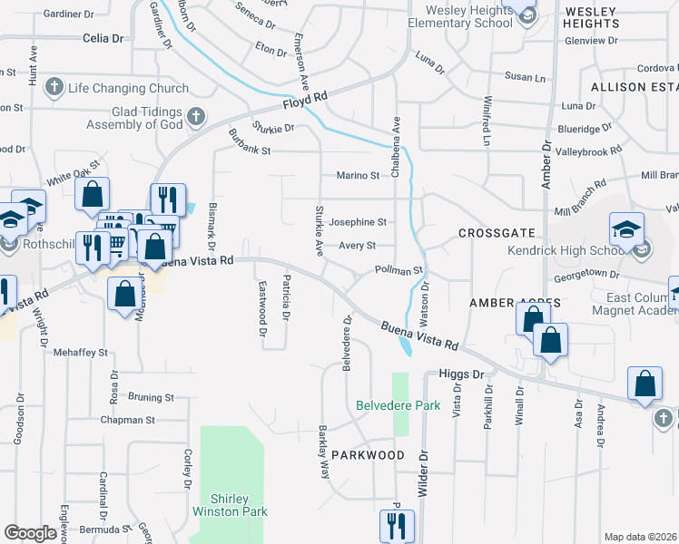 map of restaurants, bars, coffee shops, grocery stores, and more near 4723 Pollman Street in Columbus