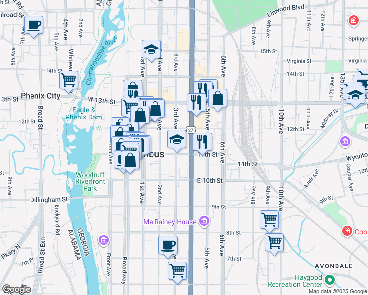map of restaurants, bars, coffee shops, grocery stores, and more near 311 11th Street in Columbus