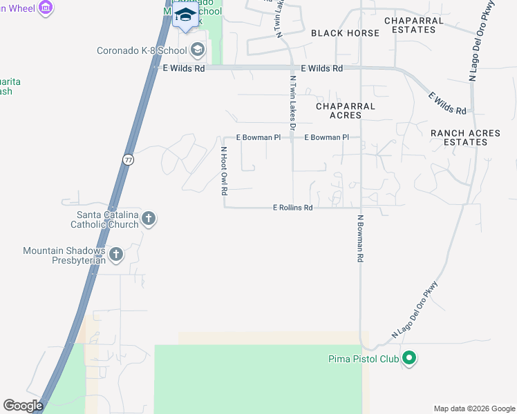 map of restaurants, bars, coffee shops, grocery stores, and more near 3515a East Rollins Road in Catalina
