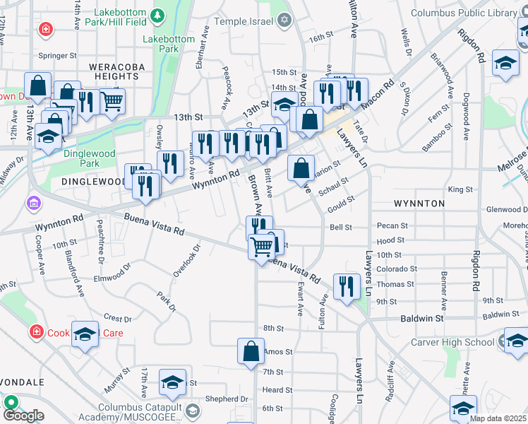 map of restaurants, bars, coffee shops, grocery stores, and more near 1113-1143 Britt Avenue in Columbus