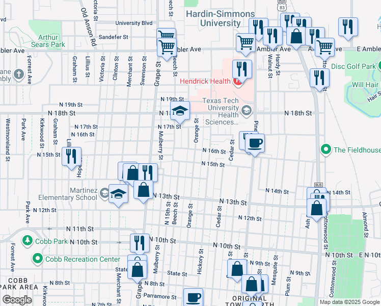 map of restaurants, bars, coffee shops, grocery stores, and more near 1602 Orange Street in Abilene