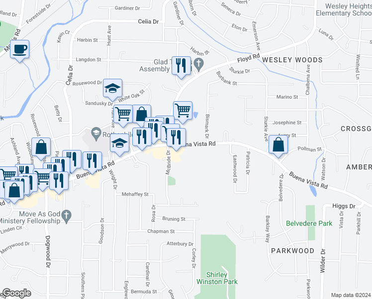 map of restaurants, bars, coffee shops, grocery stores, and more near 4910 Buena Vista Road in Columbus