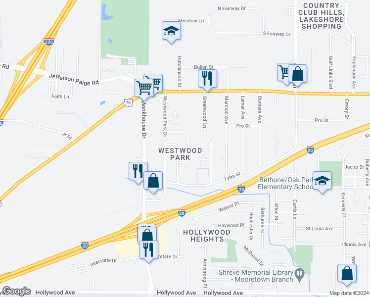 map of restaurants, bars, coffee shops, grocery stores, and more near 4632 6L Westwood Park Drive in Shreveport