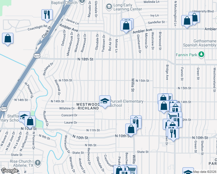 map of restaurants, bars, coffee shops, grocery stores, and more near 1474 Bel Air Drive in Abilene