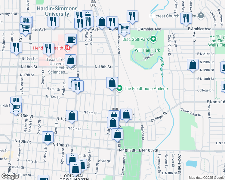 map of restaurants, bars, coffee shops, grocery stores, and more near 1618 North Treadaway Boulevard in Abilene