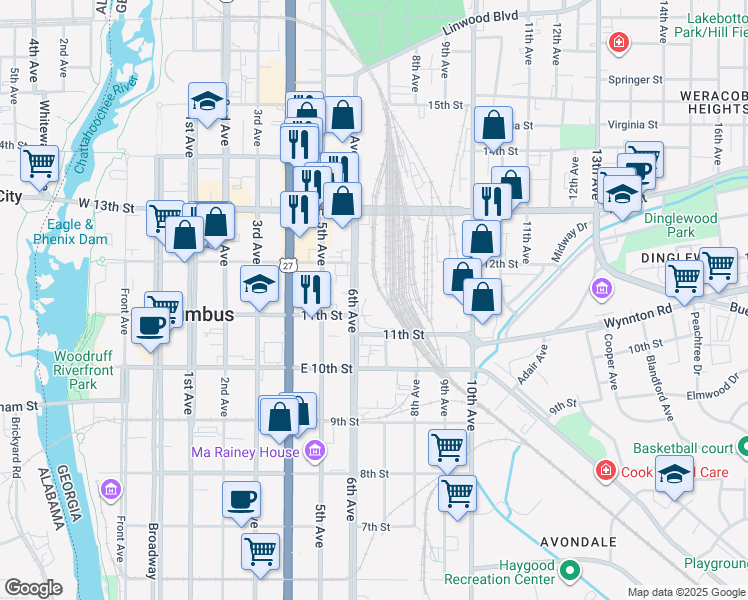map of restaurants, bars, coffee shops, grocery stores, and more near 600 12th Street in Columbus