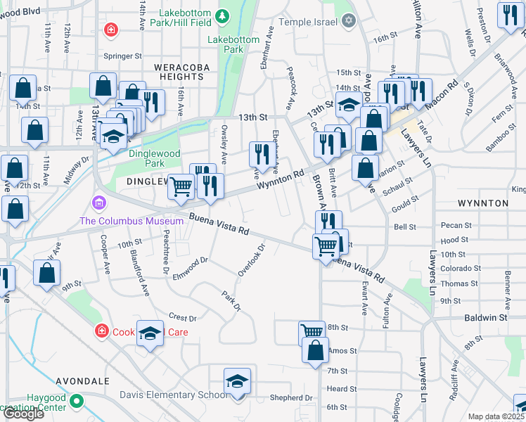 map of restaurants, bars, coffee shops, grocery stores, and more near in Columbus
