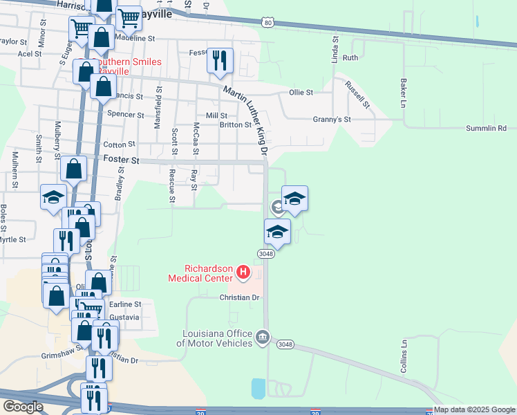 map of restaurants, bars, coffee shops, grocery stores, and more near 122-126 Alabama Street in Rayville
