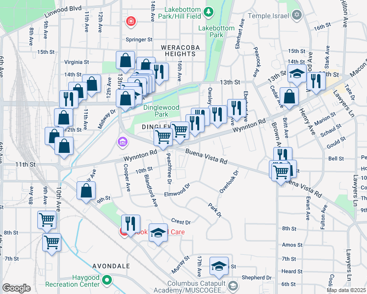 map of restaurants, bars, coffee shops, grocery stores, and more near 1532 Wynnton Road in Columbus